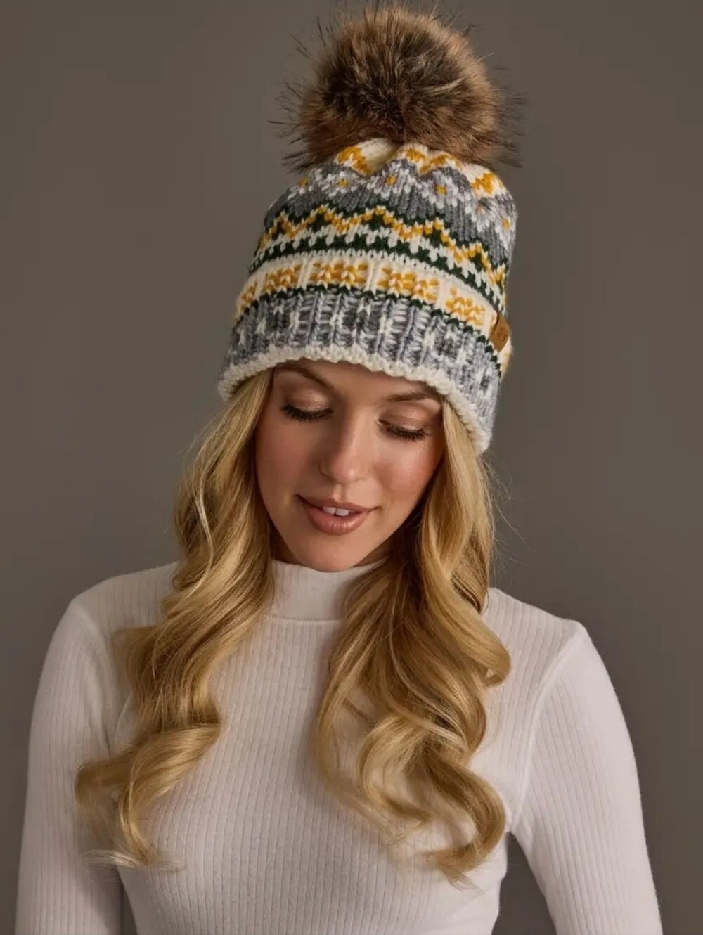 Cozy Knit Pom Beanie in Gray, Yellow & Green